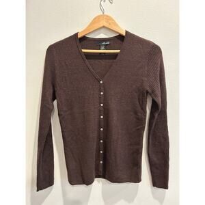 Vintage 100% Merino Wool Chocolate Brown Button Down Knit Cardigan S